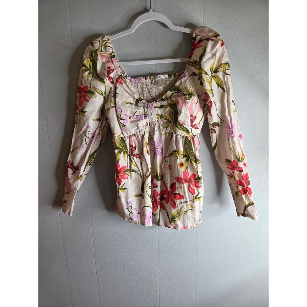 Venus Floral Smocked Back Square Neck Long Sleeve Peplum Blouse Womens Size 6